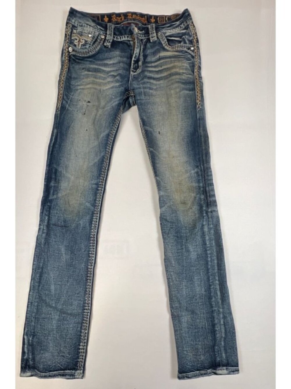 Rock Revival Women's 27 Nuri Straight Blue Distressed Embellished Jeans